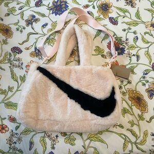 Nike Cream Faux Fur Shoulder Bag with Black Swoosh